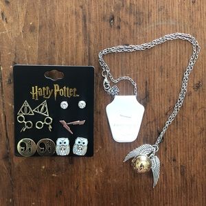 Harry Potter Earring Set and Golden Snitch Necklace